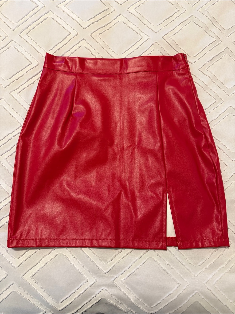 Faux Leather Mini Skirt in Red with Side Slit